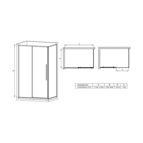 Diplon BR6612CA-80120 Fekete szögletes zuhanykabin 80x120cm